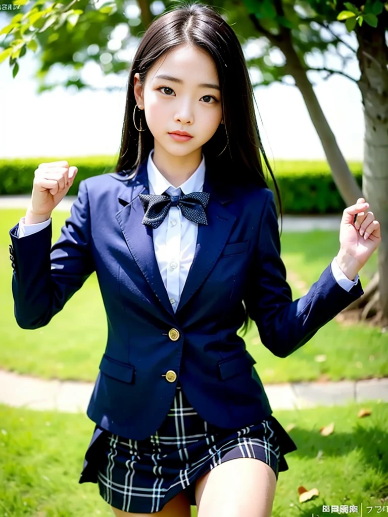 
(masterpiece, highest quality:1.4), award-winning portraits, 8K, 85mm, alone, beautiful face, delicate girl, , (dark navy blazer jacket), dark navy skirt, long sleeve, violaces, gardenia, grace, Sophisticated, cute, teen, looking at the viewer, 15 years old, Raw photo, disorganized, HDR, sharp focus, A bow tie, background bokeh、(((flat 、thin and delicate body、A childish atmosphere)))、Her shiny semi-long hair is tied up、hair swaying in the wind、Mole on the left cheek、large, round, dark blue eyes、full body、random pose、Run、sprinting、Skirt fluttering in the wind、Junior idol、Nogizaka Idol、widening skirt、jump、mole under eye、sexy