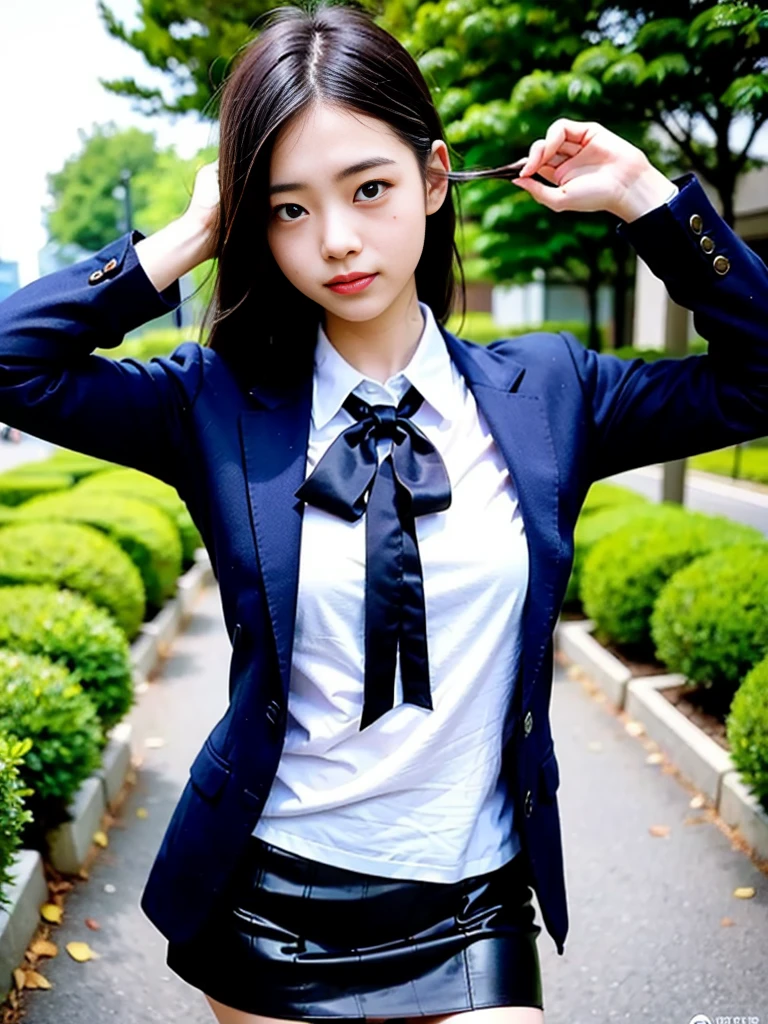 
(masterpiece, highest quality:1.4), award-winning portraits, 8K, 85mm, alone, beautiful face, delicate girl, , (dark navy blazer jacket), dark navy skirt, long sleeve, violaces, gardenia, grace, Sophisticated, cute, teen, looking at the viewer, 15 years old, Raw photo, disorganized, HDR, sharp focus, A bow tie, background bokeh、(((flat 、thin and delicate body、A childish atmosphere)))、Her shiny semi-long hair is tied up、hair swaying in the wind、Mole on the left cheek、large, round, dark blue eyes、full body、random pose、Run、sprinting、Skirt fluttering in the wind、Junior idol、Nogizaka Idol、widening skirt、jump、mole under eye、sexy