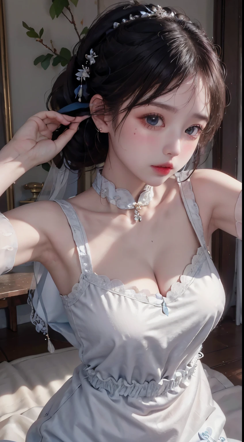 goddess of shooting'arc14 ans,Ancient qipao designs,visage blanc et rose impeccable,Ornements sur la tête,cheveux jusqu'aux noirs'to the size,yeux marrons très beaux et nets,red labia minora,Colored lips,Enchanted smile,bijoux portés autour du cou,Anneau de mamelon d'oreille,dents blanches et uniformes,pont de nez haut,gros seins ronds, jambes fines,chaussettes noires en maille fine,Portrait,the most realistic,la plus haute quality,Meilleurs pixels,8k ultra,HIGH LEVEL OF DETAIL,8k resolution,ultra haute résolution,une jeune fille, Une jolie fille,short detailed hair,chignon,lipsticks,boucles d'ears to pampilles,collier ras du cou,Yeux noirs clairs,Cheveux lisses,clavicule,traits du visage délicats et parfaits, les plus beaux grands yeux,long cils,The eyes are soft and there are silkworms lying,angle dynamique,quality'extreme image,The highest accuracy,Accurate and perfect human anatomy,(((Robe professionnelle,Slim cheongsam Republic of China,Broderie or cramoisi))),((assis)),Warm scene,ultra haute résolution,Cheveux noirs fluides de style antique chinois ultra-clairs avec un chignon délicat)Par frange,(cheveux longs et flottants,avec un chignon:1.3)), vêtements à poitrine ouverte en V royal, Wet body of fine silk fabric, Robe fine en dentelle de soie, (huge ,clivage),, blanc rose, bleu ,Meilleure quality,chef-d'ouvrages d'art,ultra haute résolution,(realism:1.4),photo BRUTE,(Véritable texture de peau:1.3),(grain de film:1.3),(Angle de selfie),1 girl with giant ,Beautiful details of the eyes and face,chef-d'ouvrages d'art,La Meilleure quality au mieux,,The chest more exposed, detailed hair, Bon rose , 8K Detail, Haut du corps,,Delicate collarbones,beau maquillage,Caractéristiques du visage exquises et parfaites,,de grands yeux larmoyants,Ver à soie couché,long cils,The eyes are soft and have eye shadow, the more chest explore