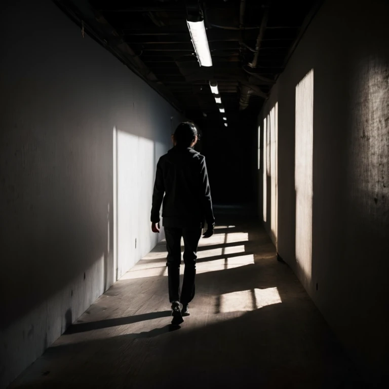 An image of a person walking down an empty, dark hallway, with only a faint light along. The person's face is obscured by shadows, conveying a feeling of isolation and disconnection