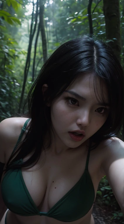 A film still of Maria Ozawa wearing bikini try to escape from the dark forest, horror theme, scared face, Prores lense, Low angle shot, dark green color grading, cinemascope, natural light, Dynamic shadows, horror film, high quality, ultra detail, 8k, Panavision DXL2 camera