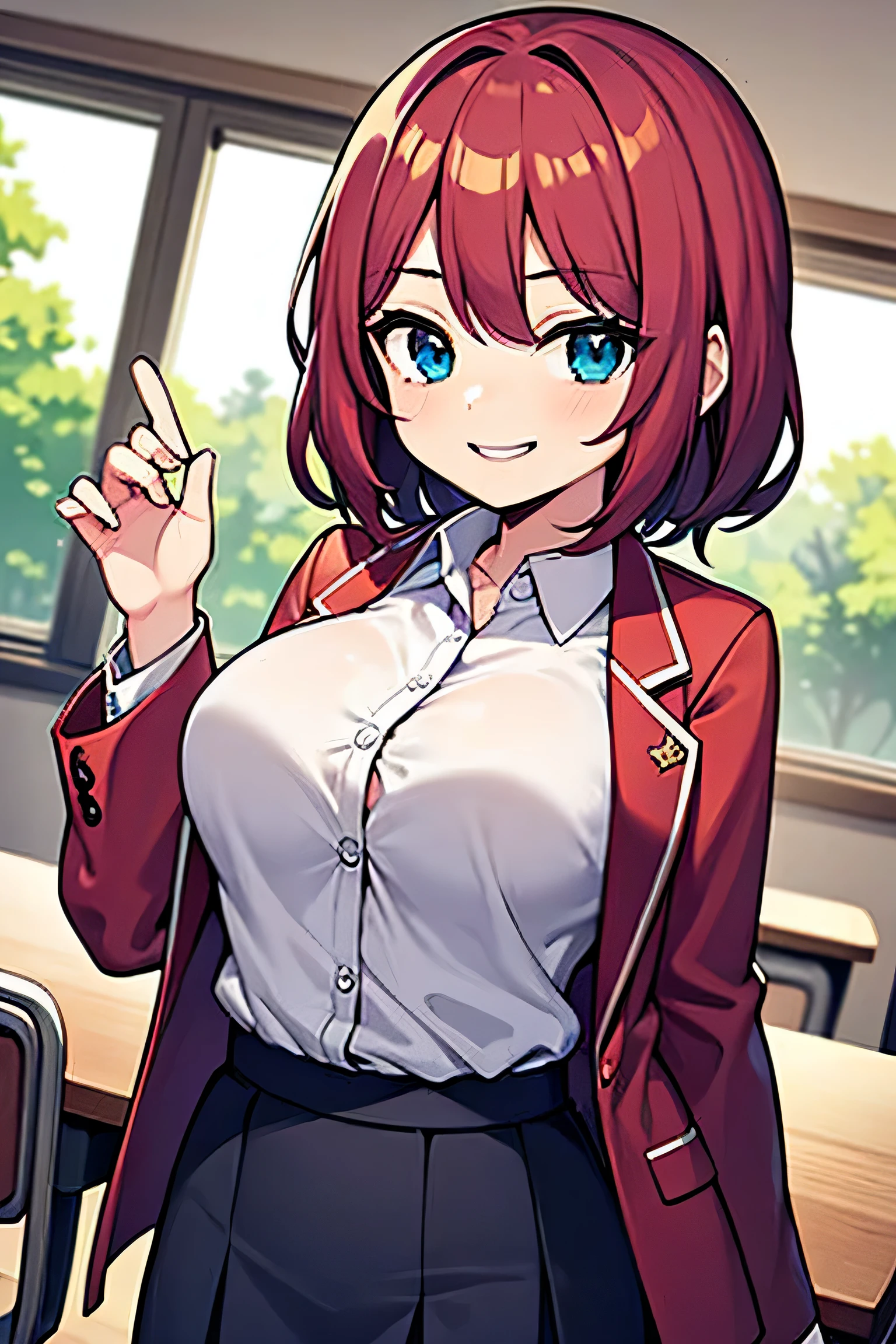 Big breasts, red hair, blue eyes, droopy eyes, red jacket, long sleeves, dark blue skirt, , super big breasts, medium length, baggy clothes, elementary school studentears old, shy, smiling a little , classroom, tn buttons on shirt