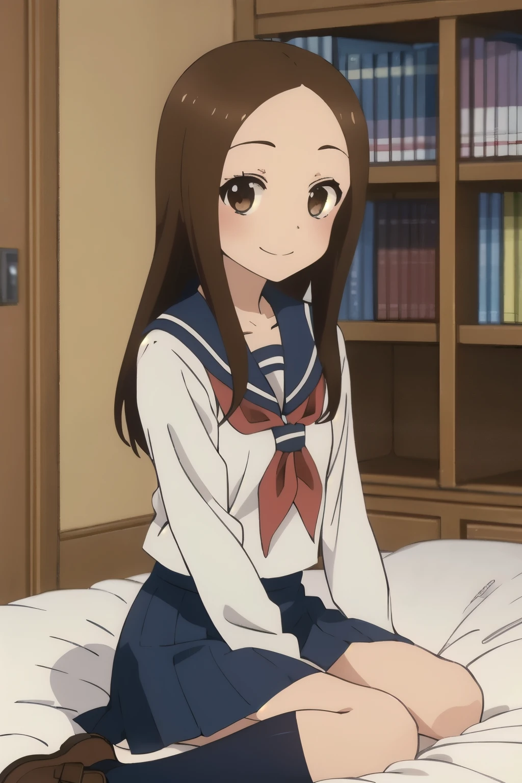(realistic),(photorealistic),Takagi_Mr. Miss., 1 girl, long hair,((white school shirt)), brown hair, part bangs, brown eyes, white serafuku, sailor collar, red neckerchief, short skirt, long sleeve, amount, black socks, brown shoes, smile, looking at the viewer,(sitting), masterpiece,full body, highest quality, (colorful),volumematic light, ray tracing,very detailed、love hotel、on the bed、I can see panties、