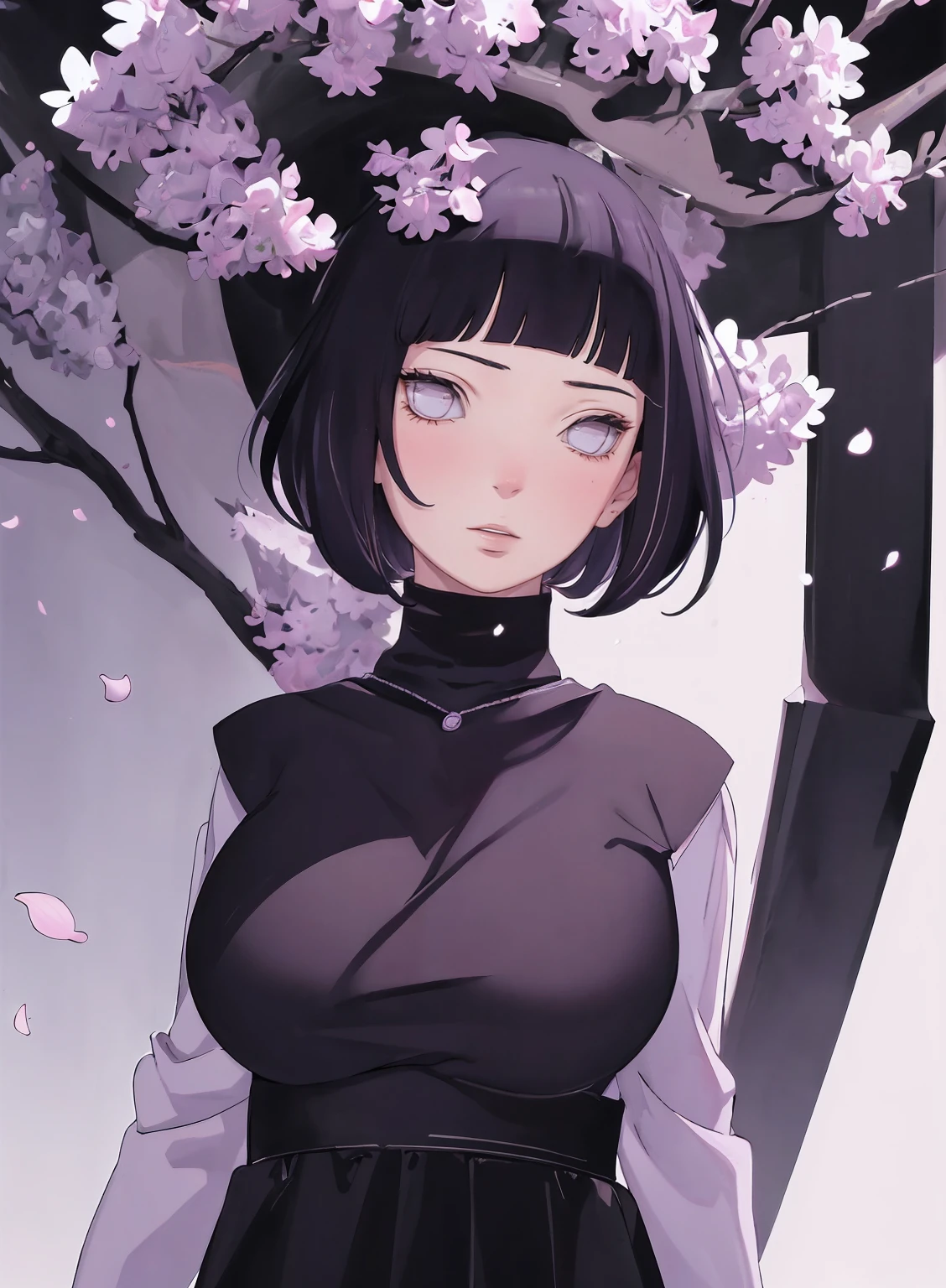 { - anatomy error} (Masterpiece - Ultra-detailed, very high resolution) (huge titusty, masterpiece, absurdres, hinata\(boruto\), 1girl, solo,mature female, lilac turtleneck blouse, black pant, looking at viewelling petals), perfect composition, detailed lips, big breast, beautiful face, body propotion, blush, (pink lips), short hair, (black hair), purple eyes, soft gaze, super realistic, detailed, photoshoot, realistic face and body, closed mouth , lilac eyes, upper body, hidden hands, perfect fingers, inocent face, portrait, , backwards, looking back, dynamic poses