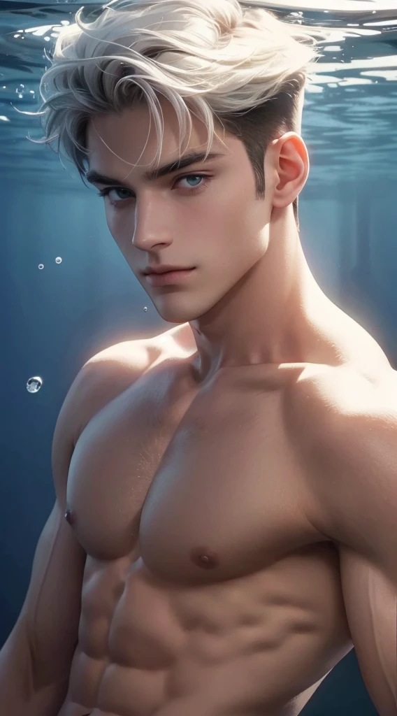 4k, high resolution, best quality, masterpiece, perfect color, perfect shade, perfect lighting, Posted by e621, ((portrait)), ((handsome man)), perfect male figure, Short hair details，chest muscles，abdominal muscles，Naked torso and downward,  Detailed face, perfect face, (stood up), Detailed background, ((Bonifasco Lighting)), (delicate eyes),(),white hair, underwater scene 