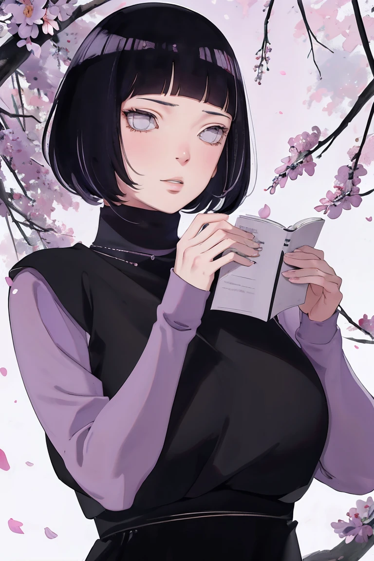 { - anatomy error} (Masterpiece - Ultra-detailed, very high resolution) (huge titusty, masterpiece, absurdres, hinata\(boruto\), 1girl, solo,mature female, lilac turtleneck blouse, black pant, looking at viewelling petals), perfect composition, detailed lips, big breast, beautiful face, body propotion, blush, (pink lips), short hair, (black hair), purple eyes, soft gaze, super realistic, detailed, photoshoot, realistic face and body, closed mouth , lilac eyes, upper body, hidden hands, perfect fingers, inocent face, portrait, , writing, reading, dynamic poses