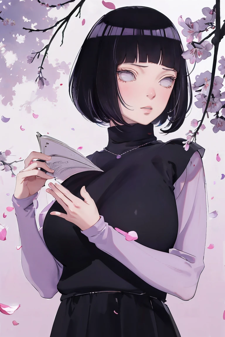 { - anatomy error} (Masterpiece - Ultra-detailed, very high resolution) (huge titusty, masterpiece, absurdres, hinata\(boruto\), 1girl, solo,mature female, lilac turtleneck blouse, black pant, looking at viewelling petals), perfect composition, detailed lips, big breast, beautiful face, body propotion, blush, (pink lips), short hair, (black hair), purple eyes, soft gaze, super realistic, detailed, photoshoot, realistic face and body, closed mouth , lilac eyes, upper body, hidden hands, perfect fingers, inocent face, portrait, , writing, reading, dynamic poses