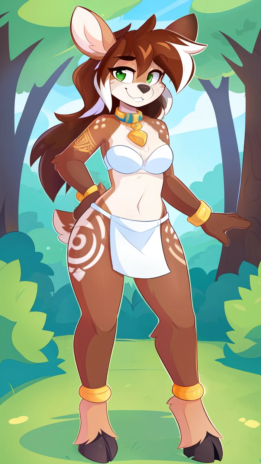 by Kilinah, by Coffeesoda, by Hioshiru, by Kilinah, Furry, Anthro, Female, Solo, smug smile, (half-closed eyes), long brown Hair (white highlights in hair), brown Tail, (green eyes), looking at the viewer, (medium breasts, hips), (deer), (forest, day), (brown body, two-tone fur), extremely detailed, extremely detailed legs, extremely detailed arms, extremely detailed face, perfectly detailed eyes, perfectly detailed anatomy), perfect lighting, (white bra, white loincloth, tribal clothes, tribal tattoos, tribal collar, tribal wristband, tribal jewelry), standing, (hooves feet), leaning fordward