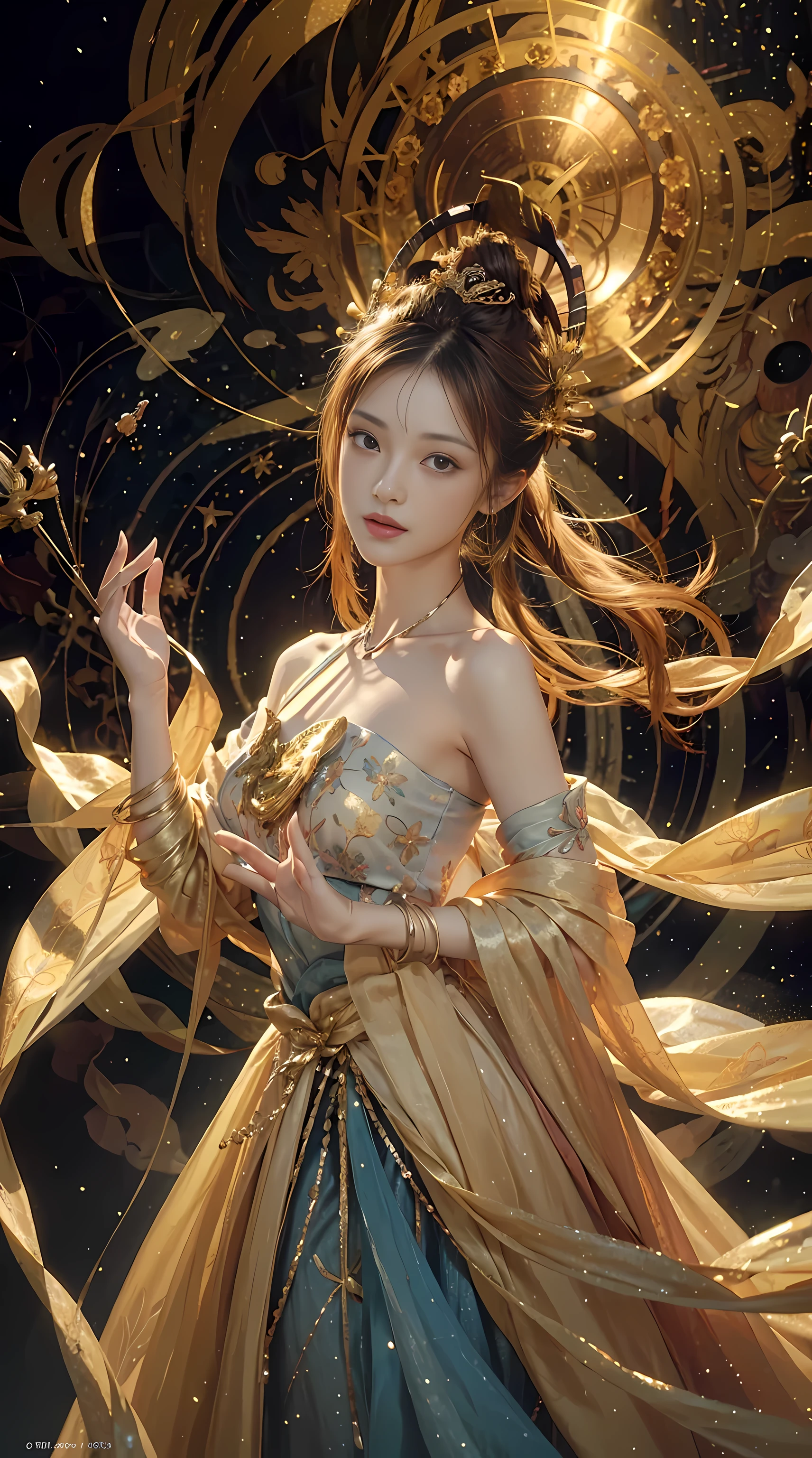A girl wears a delicate metal headdress，It is decorated with precious stones，Dress with golden floral decoration，colored hair，Exquisite facial features，cosmic eye，unique（best quality，Super detailed and best illustration、best shade、masterpiece、high resolution、professional artwork、famous artwork：1.urrealism、Light of Magic and Technology、flowing sparkling liquid、fast moving beam、Time-stretched particle behavior、fantasy background、technical background、fantasy、celestial body、concept art、radiation、Caustics、diffraction、epic composition image、Particle flight following scene lines，Best color quality，high resolutionmasterpiece，best quality，Extreme details，illustration，ultra high definition，Ultra-detailed，Super detailed，8k