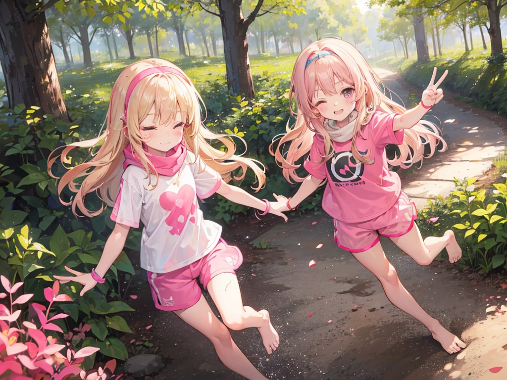 a cute 6 year old church girl from Colorado named Anna, both brownish blonde hair, long wavy hair, pink white short sleeve tshirt, scarf, pink shorts, wearing a pink hairband, on a jog, on a dirt trail, in the woods, eyes closed, sunset, slight smile, wristbands, barefoot, joyful, energetic, peace sign, 5 fingers