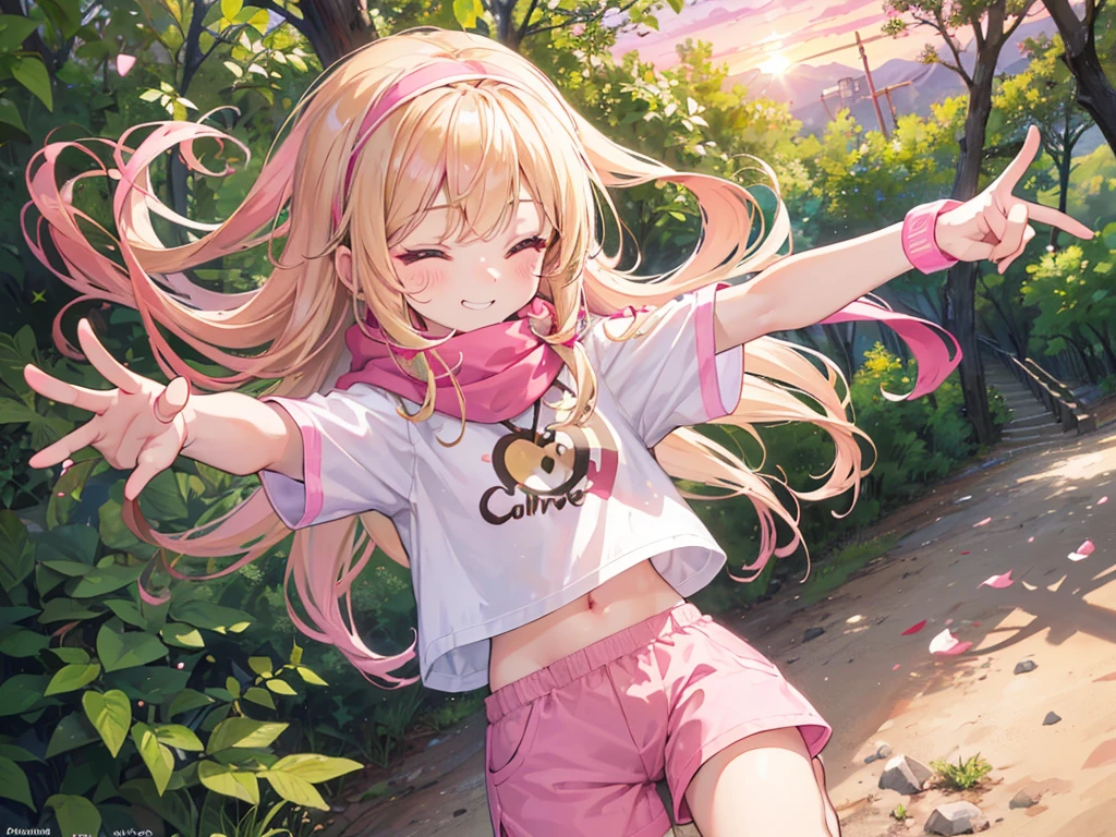 a cute 6 church girl from Colorado named Anna, both brownish blonde hair, long wavy hair, pink white short sleeve tshirt, scarf, pink shorts, wearing a pink hairband, on a jog, on a dirt trail, in the woods, eyes closed, sunset, slight smile, wristbands, barefoot, joyful, energetic, peace sign, 5 fingers