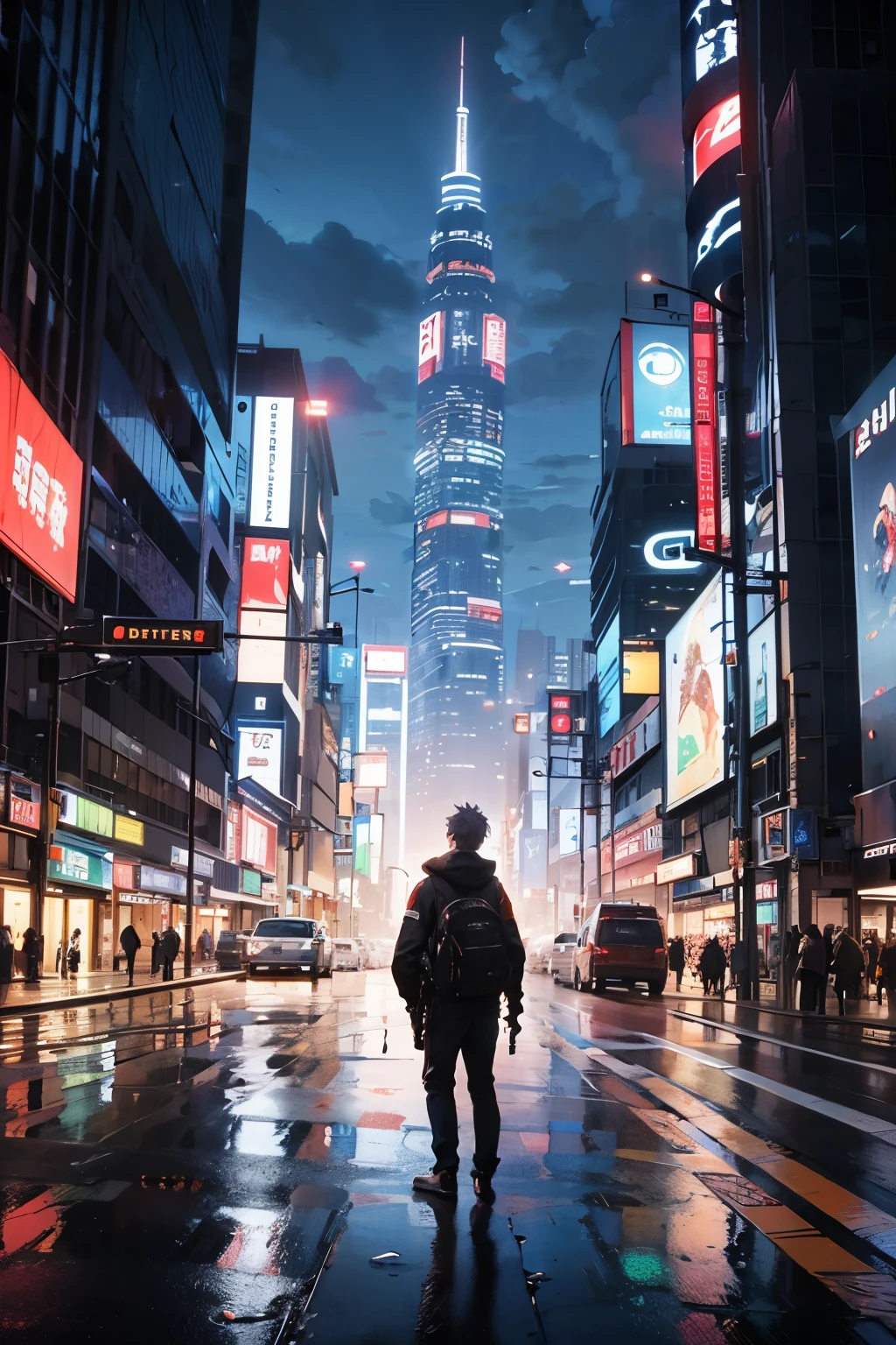 1boy,(15 years old boy:1.5)、Anime-style protagonist、Cyberpunk Boy、silber hair、Spiky hairstyle、machine gun、Japan sword on the back、Whole body bloody、Looking at the camera、Shot from the knee up、The beginning of the adventure、Lots of clouds,heavy fog、Big Moon、Lightning、Chaotic city of the future、Movie dystopia、A group of very tall skyscrapers stands in the center、Very complex cityscape,Crowded Chinese skyscrapers、Tall radio tower、Trees、street signs、streetlights、taxis、buses、Train、Warm lighting,Dark road、puddles、Chaotic、Beautiful and fantastic scenery、Cinematic scenery、hightquality、masutepiece,in 8K、hight resolution、