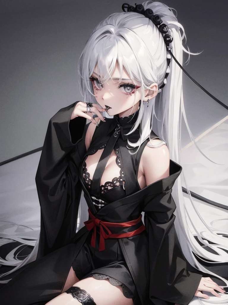 Masterpiece, best quality, high quality, ultra detailed, 1girl, looking at viewer, white hair, gray eyes, black lipstick, black shirt, sitting on a white floor, demon girl, gothcore, 1 7 - year - old, goth girl, japanese gothic, gothic punk style, black metal style, hands on head