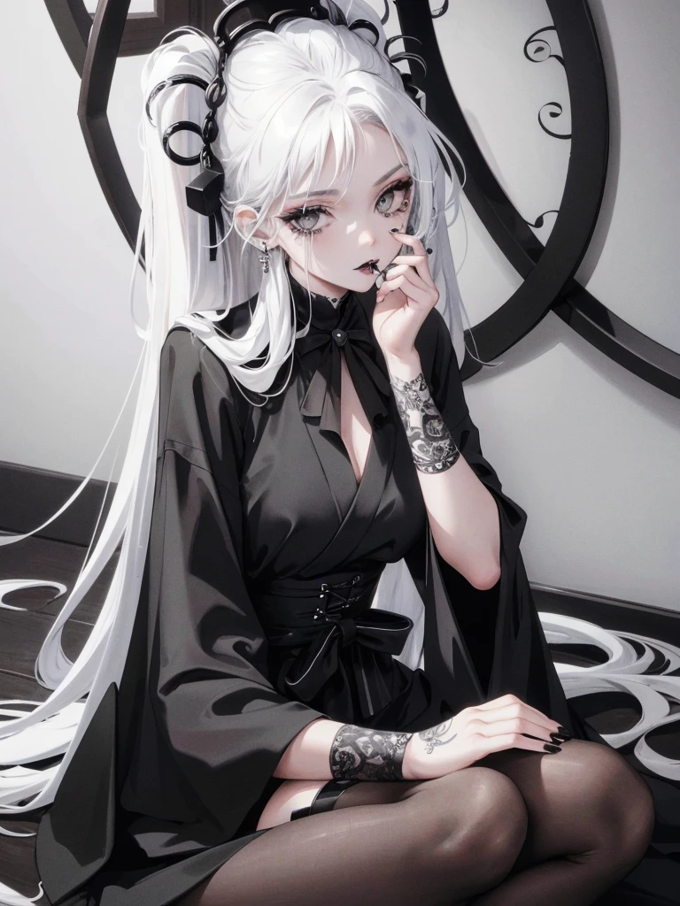 Masterpiece, best quality, high quality, ultra detailed, 1girl, looking at viewer, white hair, gray eyes, black lipstick, black shirt, sitting on a white floor, demon girl, gothcore, 1 7 - year - old, goth girl, japanese gothic, gothic punk style, black metal style, hands on head