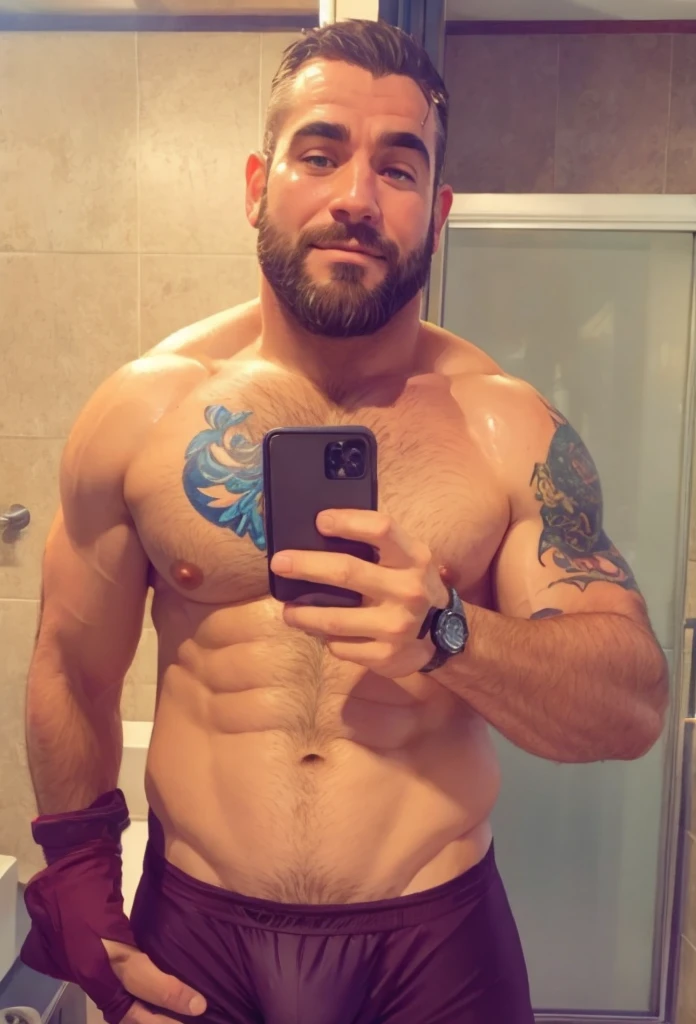 hot hunky handsome middle aged detective man with humongous enormous round large juicy wet oily hairy male pectorals, bara, nipples, navel hair, rainining and all the wet sweat is dripping on his chest, male focus, bearded, seductive smirk, detailed speedo, big underwear bulge