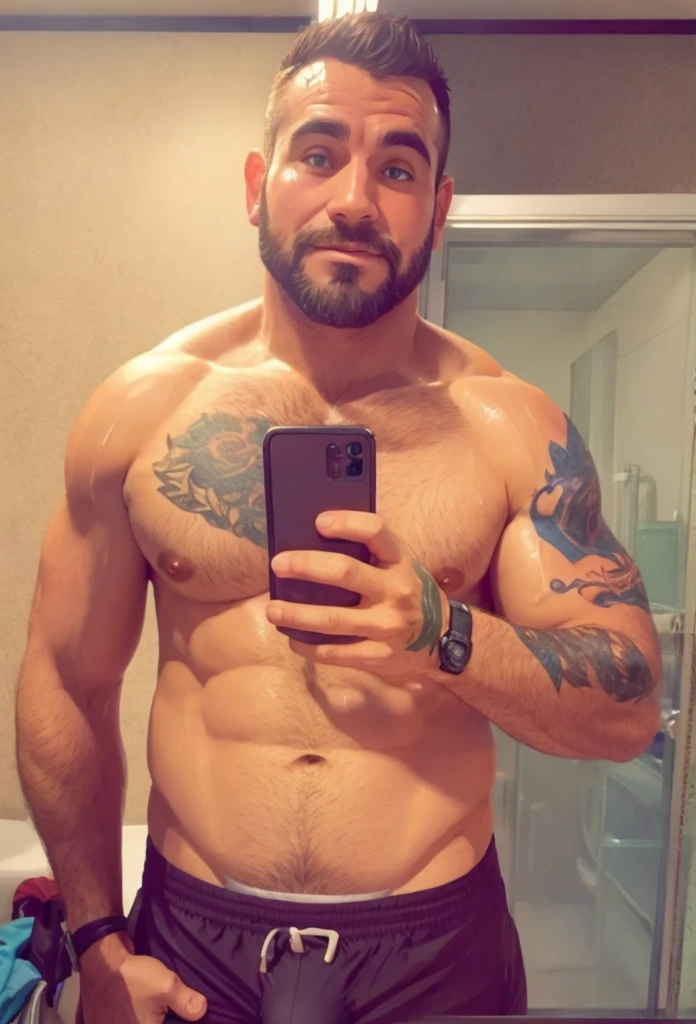 hot hunky handsome middle aged detective man with humongous enormous round large juicy wet oily hairy male pectorals, bara, nipples, navel hair, rainining and all the wet sweat is dripping on his chest, male focus, bearded, seductive smirk, detailed speedo, big underwear bulge