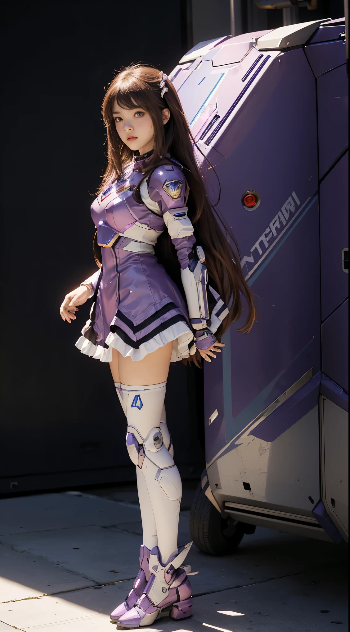 RAW, Masterpiece, Ultra Fine Photo,, Best Quality, Ultra High Resolution, Photorealistic, Sunlight, Full Body Portrait, Stunningly Beautiful,, Dynamic Poses, Delicate Face, Vibrant Eyes, (Side View) a close up of a woman in a pink and white gundam custume, dybamic pose, long brown very very long hair rapunzel, girl in mecha cyber armor, portrait armored astronaut girl, d. va from overwatch, female mecha, on a gundam, gundam head, chiho aoshima color scheme, mobile suit, streamlined purple armor, fully robotic!! girl, realistic cosplay, gundam armor (dynamic pose) (best cameraview), full body