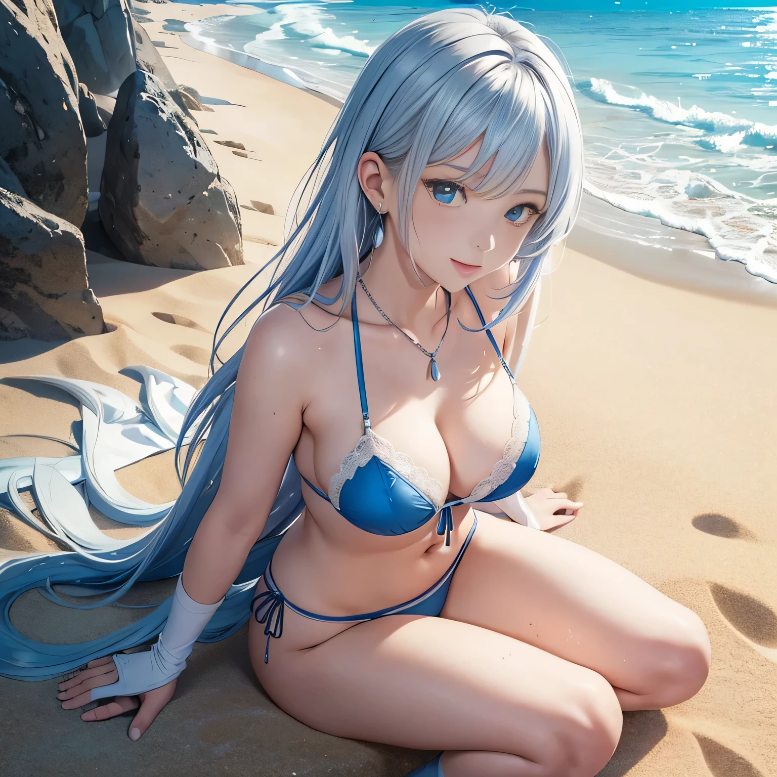 vulgar,((Kamisato Ayaka in Genshin Impact)),solo, ((semi long beautiful silver blue hair,beautiful blue eyes)),
high angle,from above,cleavage, ((masterpiece, highest resolution,best quality)), (illustration),(white beautiful elegant bikini,string tied bra and panties), (flat sitting on the sand),gleaming skin,wet,
innocent smile, white over-kneehighs,Lace chalker, wristband, fingerless gloves, over-kneehighs,
Lace chalker, diamond necklace,wristband, fingerless gloves, earrings, windy,cinematic lighting and pause, beach, sand, blue sky, waves, coconut tree,fish,boat,sea gull,