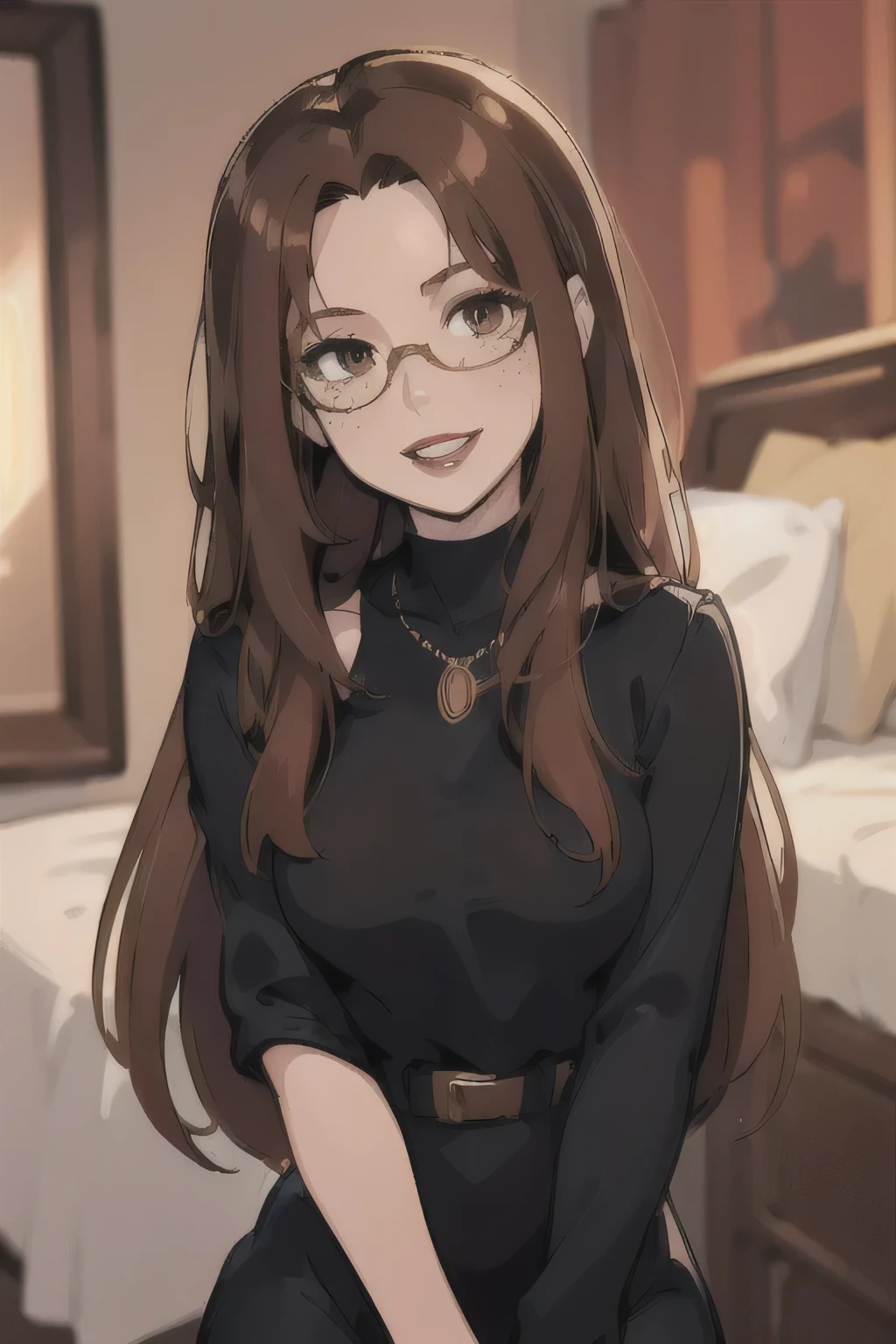 (masterpiece, best quality:1.2), , 1girl, solo, necklace, bright smile, brown eyes, straight hair, medium length hair, light brown hair, red lips, , blurry background, long hair, looking at viewer, long sleeve black dress, scoop neck collar, clavicles, freckles, small breasts, hips, bedroom, cowboy shot, looking over sunglasses 