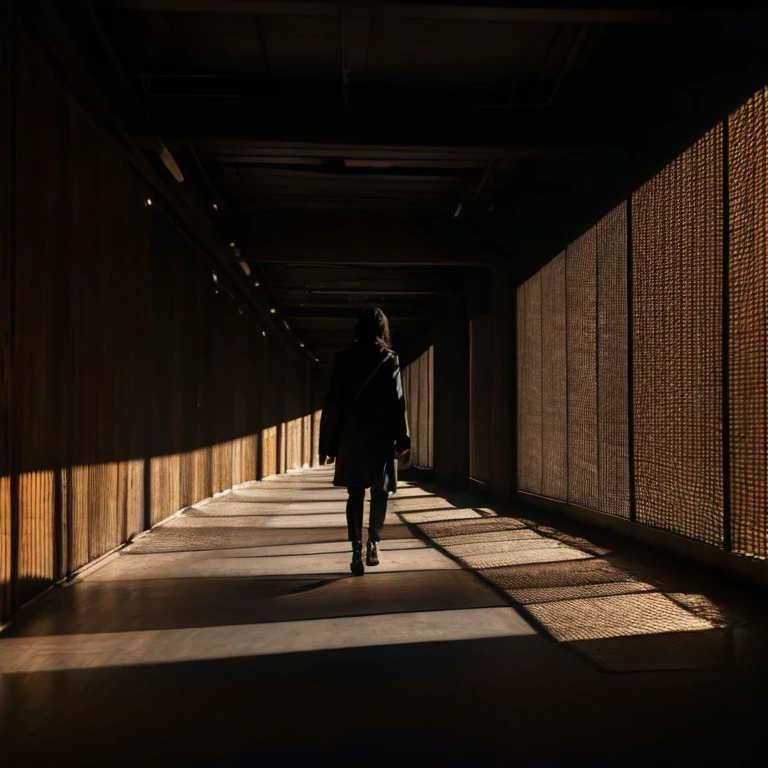 An image of a person walking down an empty, dark hallway, with only a faint light along. The person's face is obscured by shadows, conveying a feeling of isolation and disconnection