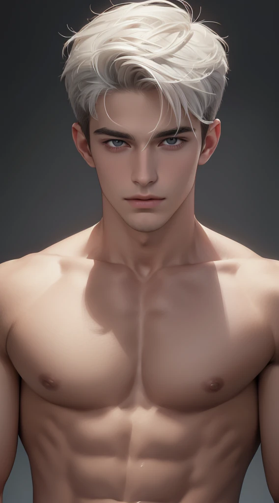 4k, high resolution, best quality, masterpiece, perfect color, perfect shade, perfect lighting, Posted by e621, ((portrait)), ((handsome man)), perfect male figure, Short hair details，chest muscles，abdominal muscles，Naked torso,  Detailed face, perfect face, (stood up), Detailed background, ((Bonifasco Lighting)), (delicate eyes),(),white hair,