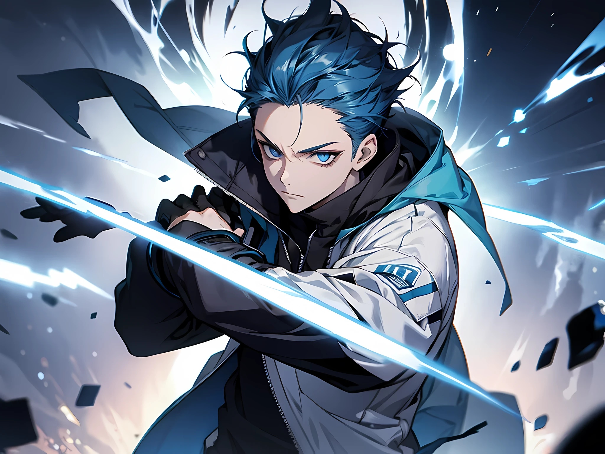1 person,spiked hair,Bluehair,Energy blue ball with particles,Black white tracksuit,Forehead protector,White long-sleeved raincoat,rios,blue light lightning,the night,Blue eyes,actionpose
