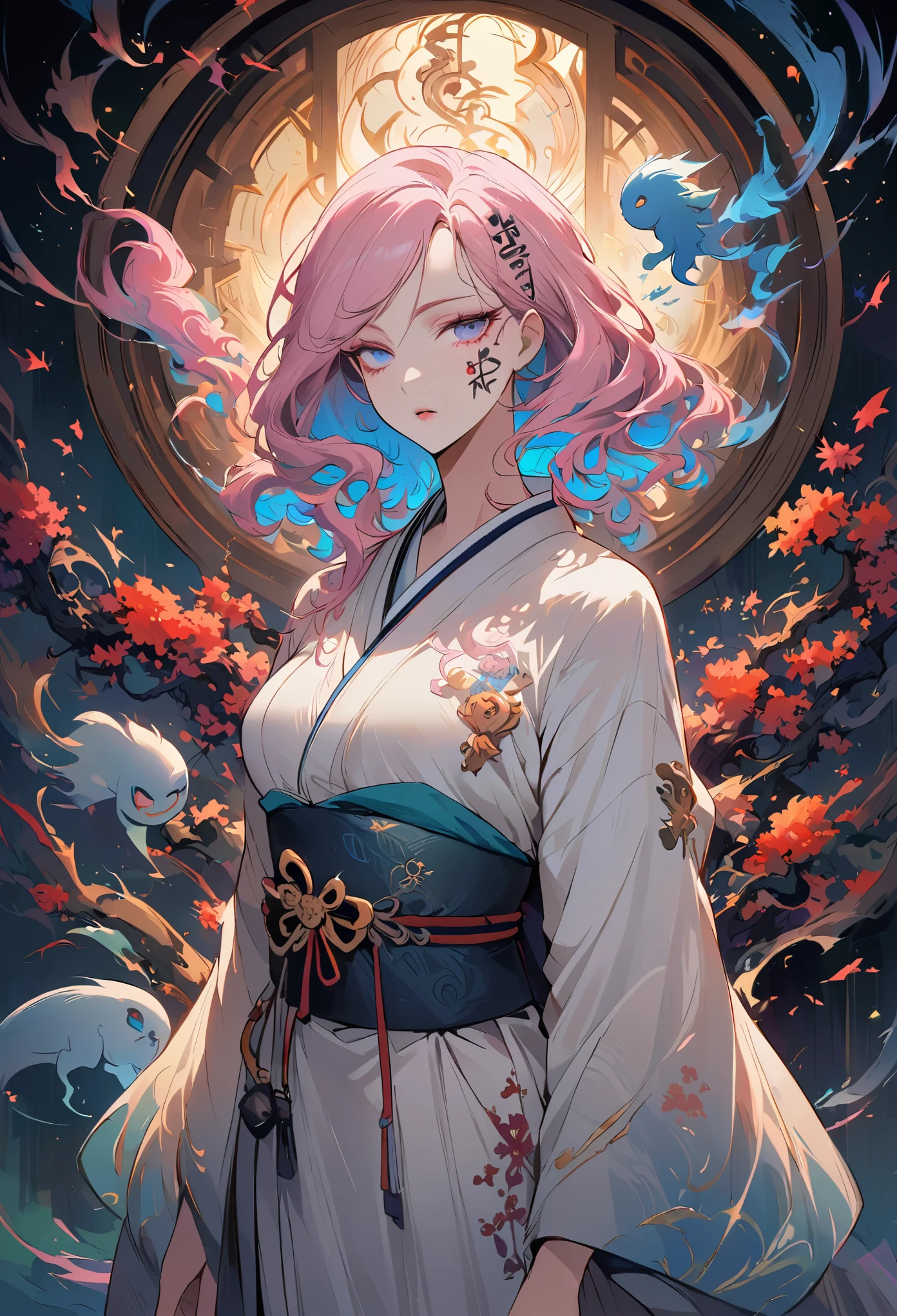 surreal, Very detailed, and a high resolution 16k image of a young man, Beautiful female ghost or guardian angel. She has light pink hair and translucent skin, Wearing a traditional Japanese kimono，face tattoo(Meaningful Chinese character writing:1.1)，There is a small cherry blossom pattern on the belt. The image captures the ethereal beauty and mystery of the world. Style inspired by sophistication, Soft aesthetics in traditional Japanese art.