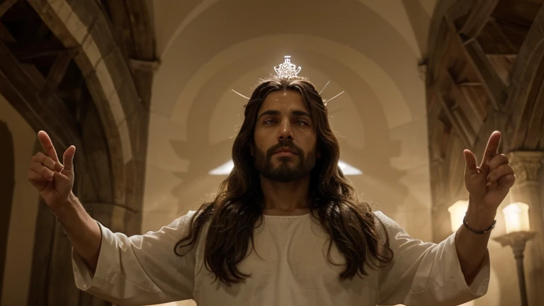 "Create a high-definition image that portrays Jesus Christ as a figure of peace and compassion. Ele deve estar cercado por uma aura de luz suave, com um olhar sereno e acolhedor. Destaque os detalhes faciais que transmitam gentileza e sabedoria, and include symbolic elements such as the crown of thorns and hands outstretched in a gesture of love. The composition should evoke a feeling of serenity and transcendence, capturing the essence of Jesus' message of love and redemption."