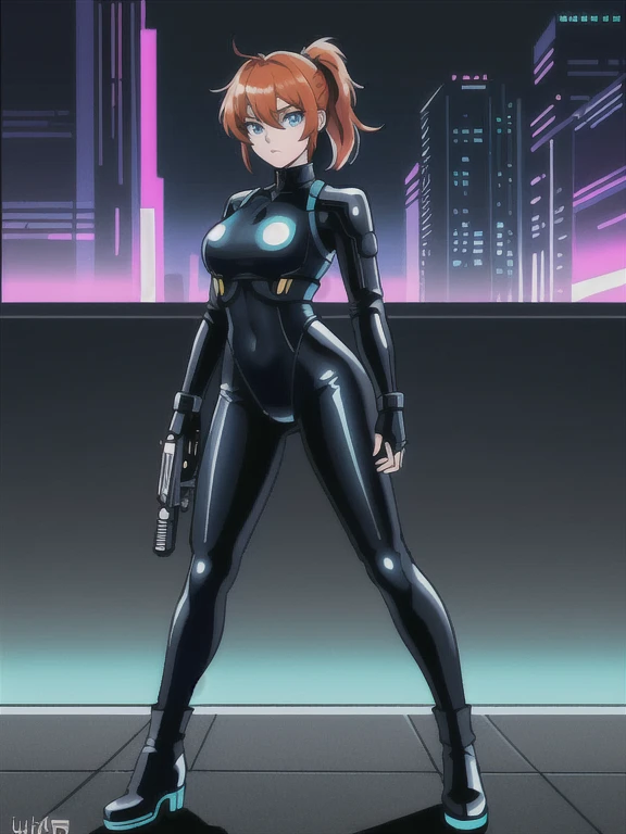 1girl, Sexy Experienced Cyberpunk Agent, ((32year old, dressed in a tight blue futuristic bodysuit, utility belt, boots, medium breasts, short orange hair, pony tail styled hair, light skin, natural makeup, athletic body:1.3, detailed blue eyes:1.5, looking fiercely at the viewer:1.3, holding two pistols with both hands:1.2)) heroic pose, full-length, full body, fight scene, full-length, super face detail, (Background: Cyberpunk world,Cyberpunk city in the background, neon lights, and futuristic technology in the background, harsh high-tech atmosphere), Very detailed, 8k, dark tone, dark shadow, glow in the dark, game color correction, (HDR, UHD, best quality, masterpiece: 1.5), high detailed, digital painting, trending on artstation, HD quality
