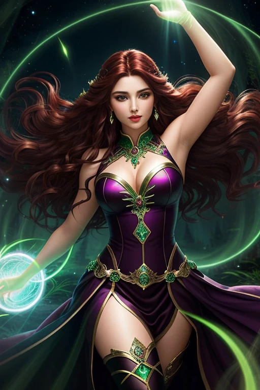 In the heart of a mystical realm, a woman of enchanting beauty wields her power with grace. Her long, wavy, reddish-brown locks cascade over her shoulders, framing her radiant, round face and piercing, clear green eyes that gleam with inner strength. Dressed in garments of rich, dark hues, she radiates an air of allure and seduction as she focuses her energy for a remarkable display of magic.
Amid the stillness of the night, her surroundings bathed in an eerie, ethereal glow, she raises her arms high. Her fingers splay open, glowing with a faint green aura, as she chants