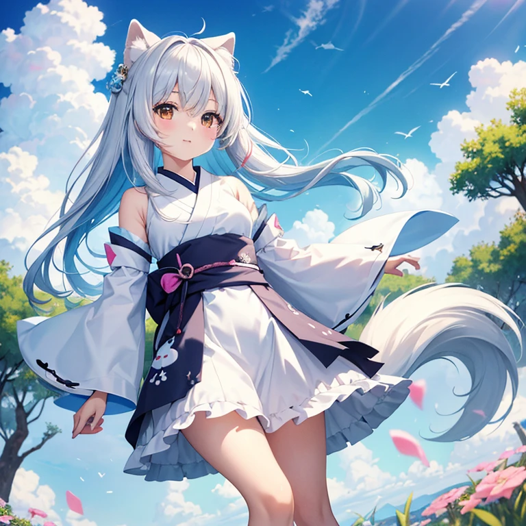 highest quality、masterpiece、8K、null、Cute girl with Japanese Spitz and Kemomimi、cloud、colorful
.