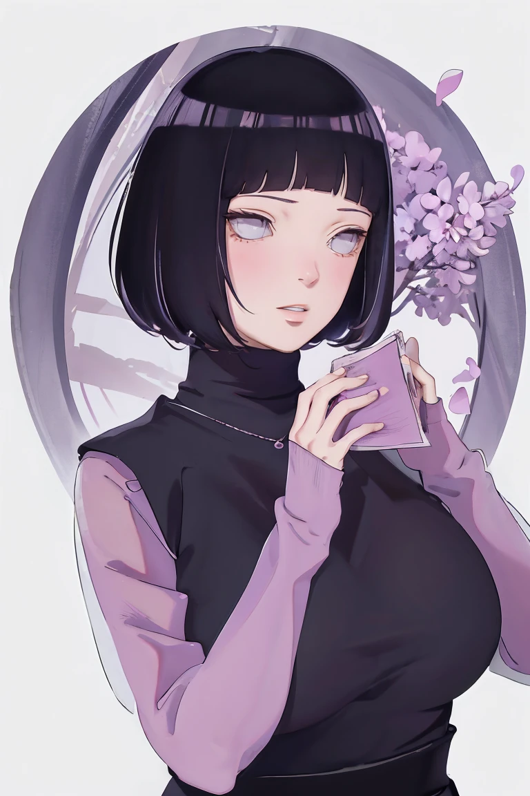 { - anatomy error} (Masterpiece - Ultra-detailed, very high resolution) (huge titusty, masterpiece, absurdres, hinata\(boruto\), 1girl, solo,mature female, lilac turtleneck blouse, black pant, perfect composition, detailed lips, big breast, beautiful face, body propotion, blush, (pink lips), short hair, (black hair), purple eyes, soft gaze, super realistic, detailed, photoshoot, realistic face and body, closed mouth , lilac eyes, upper body, hidden hands, perfect fingers, inocent face, portrait, , backwards, looking back, dynamic poses