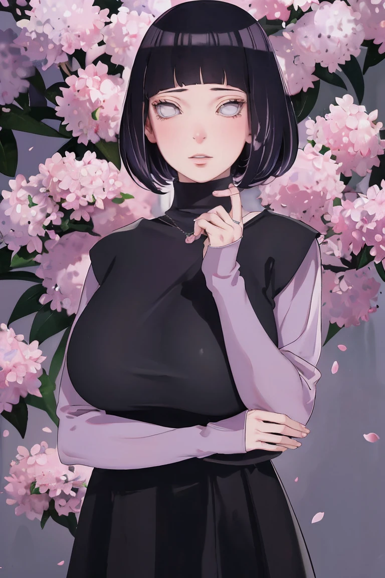 { - anatomy error} (Masterpiece - Ultra-detailed, very high resolution) (huge titusty, masterpiece, absurdres, hinata\(boruto\), 1girl, solo,mature female, lilac turtleneck blouse, black pant, looking at viewelling petals), perfect composition, detailed lips, big breast, beautiful face, body propotion, blush, (pink lips), short hair, (black hair), purple eyes, soft gaze, super realistic, detailed, photoshoot, realistic face and body, closed mouth , lilac eyes, upper body, hidden hands, perfect fingers, inocent face, portrait, , writing, reading, dynamic poses