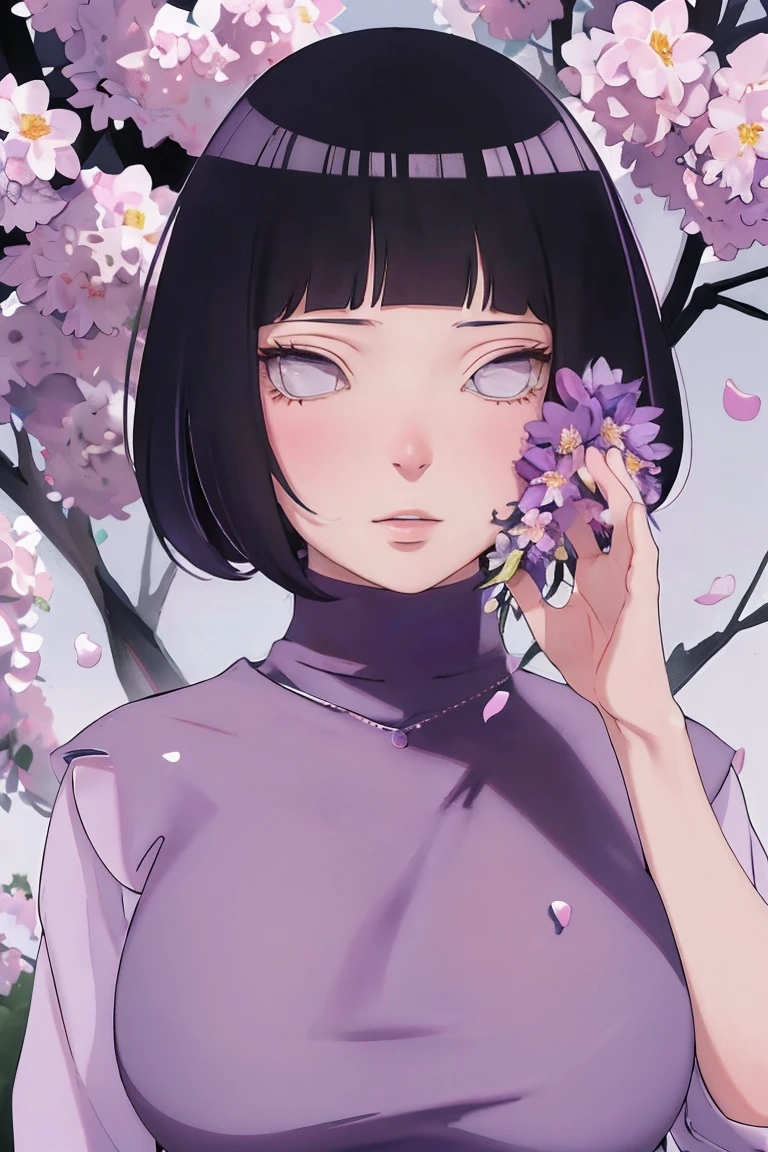 { - anatomy error} (Masterpiece - Ultra-detailed, very high resolution) (huge titusty, masterpiece, absurdres, hinata\(boruto\), 1girl, solo,mature female, lilac turtleneck blouse, black pant, looking at viewelling petals), perfect composition, detailed lips, big breast, beautiful face, body propotion, blush, (pink lips), short hair, (black hair), purple eyes, soft gaze, super realistic, detailed, photoshoot, realistic face and body, closed mouth , lilac eyes, upper body, hidden hands, perfect fingers, inocent face, portrait, , writing, reading, dynamic poses