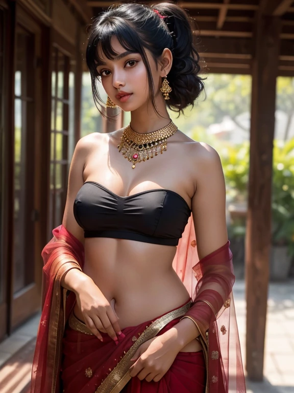 Indian girl  sexy in sheer transparent , very cute  glowing face sunkissed, 
(ultra realistic,32k, masterpiece:1.2),(high detailed skin:1.1),( high quality:1.1), looking at viewer, (beautifully lit:1.1), blurry background, black ponytail hair, bangs, (red lips:0.9), mascara, , e:1.2),(strapless halterless sleeveless collarless:1.1), (huge breast:1.0)