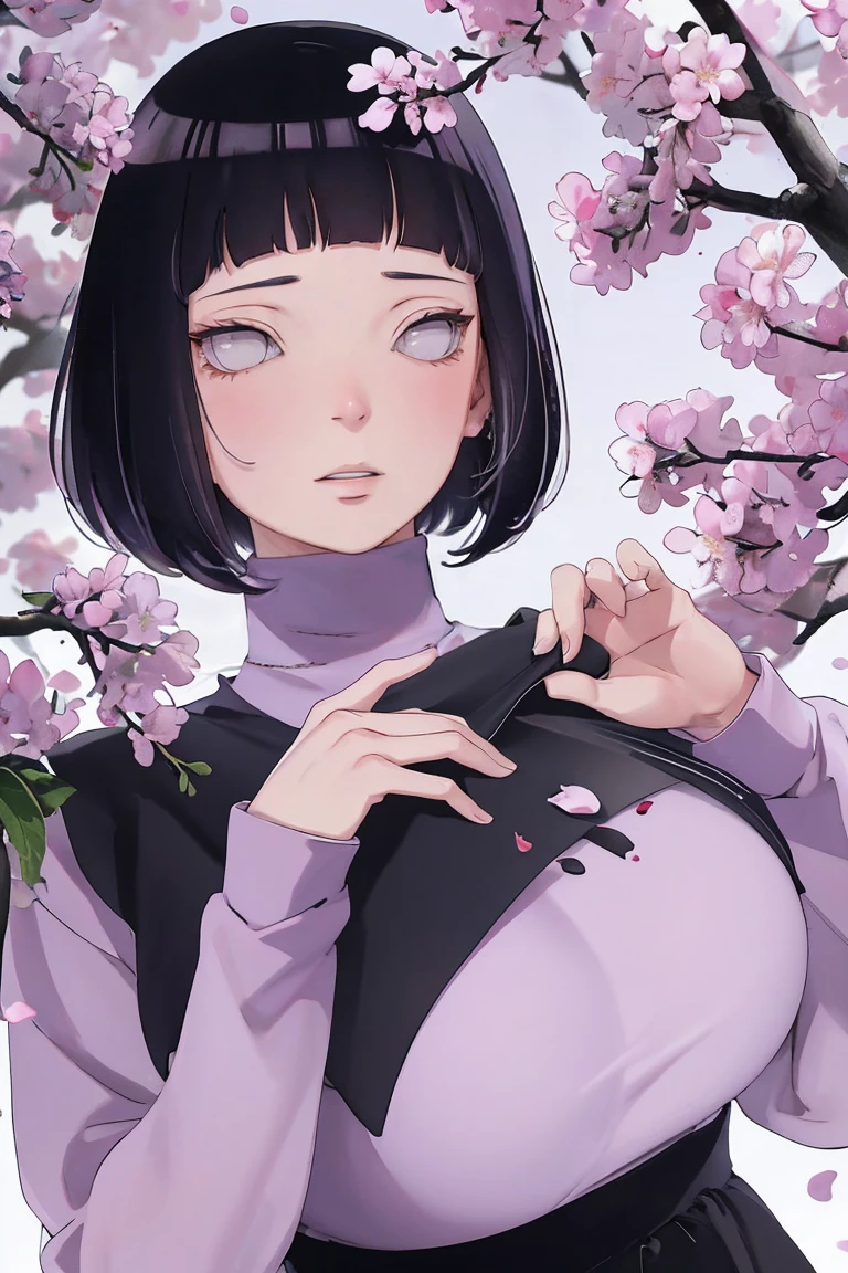 { - anatomy error} (Masterpiece - Ultra-detailed, very high resolution) (huge titusty, masterpiece, absurdres, hinata\(boruto\), 1girl, solo,mature female, lilac turtleneck blouse, black pant, looking at viewelling petals), perfect composition, detailed lips, big breast, beautiful face, body propotion, blush, (pink lips), short hair, (black hair), purple eyes, soft gaze, super realistic, detailed, photoshoot, realistic face and body, closed mouth , lilac eyes, upper body, hidden hands, perfect fingers, inocent face, portrait, , backwards, looking back, dynamic poses