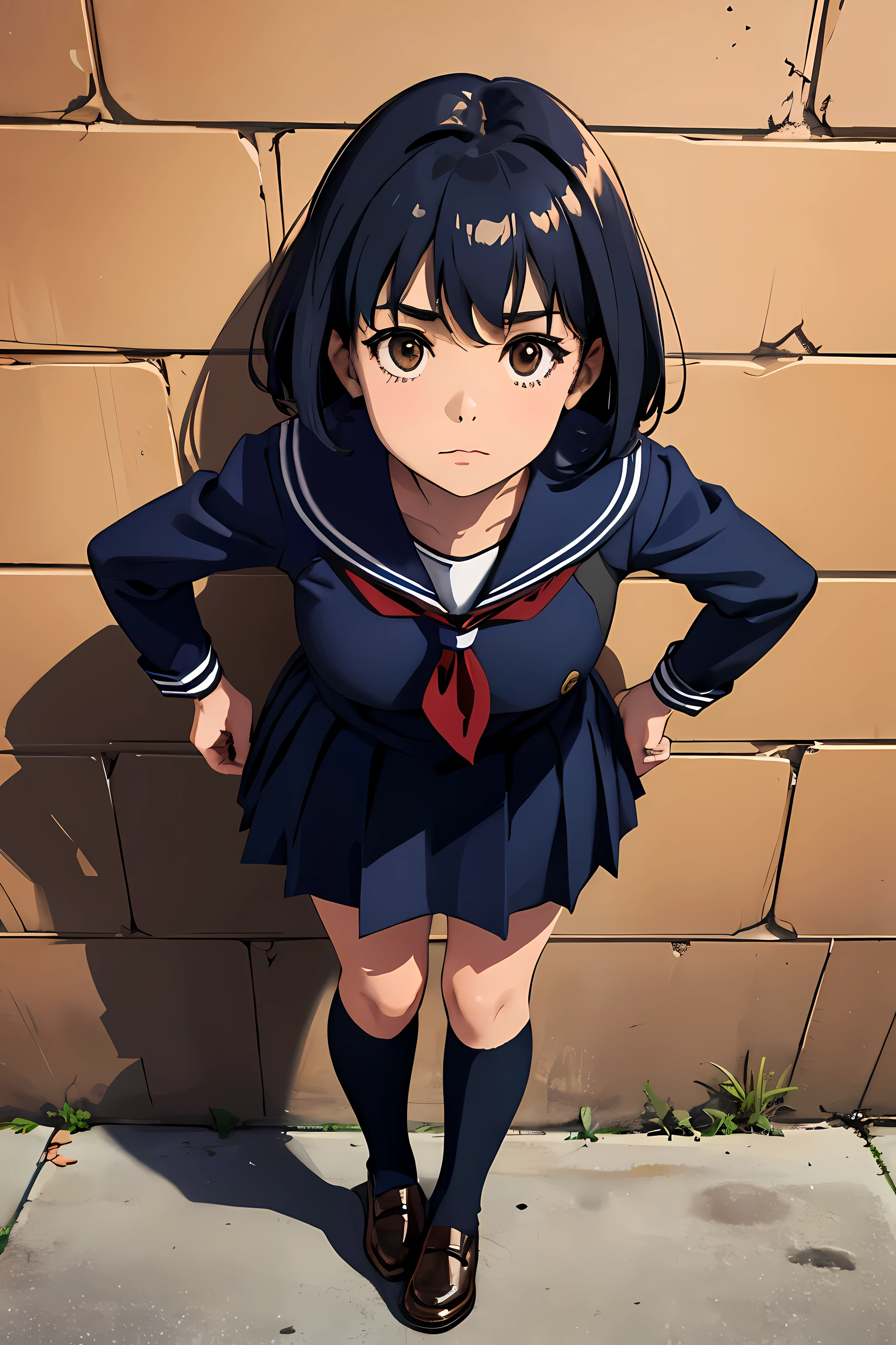 wearing ，sailor suit，dark blue clothes，lean against the wall，Are standing,black knee socks,Wearing brown leather shoes，shiny leather shoes,whole body，Background of the school building,(perspective from below)
