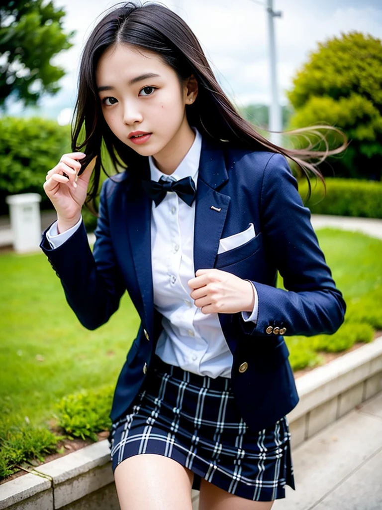 
(masterpiece, highest quality:1.4), award-winning portraits, 8K, 85mm, alone, beautiful face, delicate girl, , (dark navy blazer jacket), dark navy skirt, long sleeve, violaces, gardenia, grace, Sophisticated, cute, teen, looking at the viewer, 15 years old, Raw photo, disorganized, HDR, sharp focus, A bow tie, background bokeh、(((flat 、thin and delicate body、A childish atmosphere)))、Her shiny semi-long hair is tied up、hair swaying in the wind、Mole on the left cheek、large, round, dark blue eyes、full body、random pose、Run、sprinting、Skirt fluttering in the wind、Junior idol、Nogizaka Idol、widening skirt、jump、mole under eye、sexy