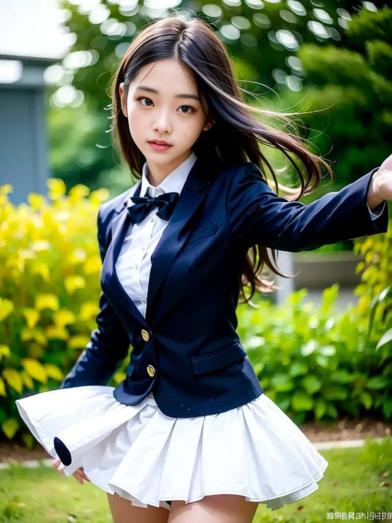 
(masterpiece, highest quality:1.4), award-winning portraits, 8K, 85mm, alone, beautiful face, delicate girl, , (dark navy blazer jacket), dark navy skirt, long sleeve, violaces, gardenia, grace, Sophisticated, cute, teen, looking at the viewer, 15 years old, Raw photo, disorganized, HDR, sharp focus, A bow tie, background bokeh、(((flat 、thin and delicate body、A childish atmosphere)))、Her shiny semi-long hair is tied up、hair swaying in the wind、Mole on the left cheek、large, round, dark blue eyes、full body、random pose、Run、sprinting、Skirt fluttering in the wind、Junior idol、Nogizaka Idol、widening skirt、jump、mole under eye、sexy