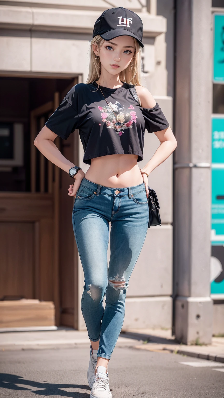 ((最high quality, 8K, masterpiece: 1.3, Ultra HD, high quality, 最high quality, High resolution, realism)) 、25 year old white woman、platinum blonde、blue eyes、long hair、hair above one eye、smile、slender、A soft and plump feminine body、I don't want my head to disappear from the screen.、Accessorize your wrist、Wearing red nail polish、I have a peticure、(high color saturation:1.0), (highly detailed skin), (最high quality:1.0), (超High resolution:1.0) ,(realistic:1.0), (Super detailed:1.0), (8K, Raw photo:1.1), Wear a T-shirt、Midriff Jacket((midriff jacket))((outta))wear、Midriff Jacket((midriff jacket))((outta))roll up the sleeves of、wear skinny jeans、wear sneakers、put both hands on hips、wear a watch、spread your legs shoulder-width apart、smile、Pastel blue background、wear a baseball cap backwards、smile