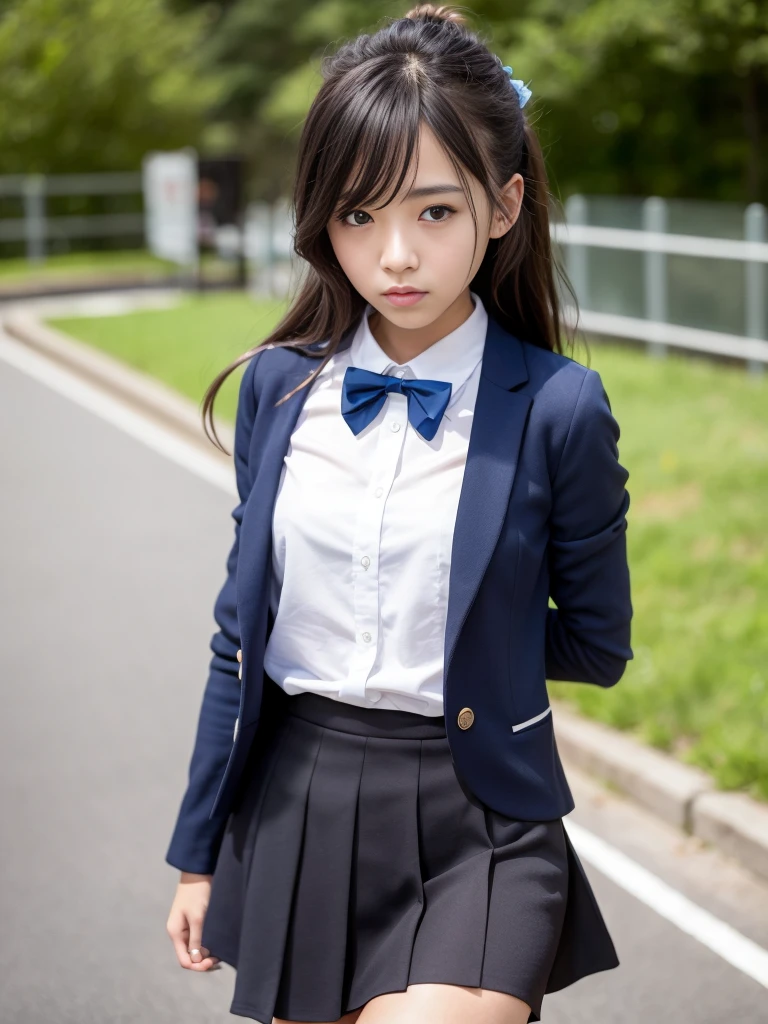 
(masterpiece, highest quality:1.4), award-winning portraits, 8K, 85mm, alone, beautiful face, delicate girl, , (dark navy blazer jacket), dark navy skirt, long sleeve, violaces, gardenia, grace, Sophisticated, cute, teen, looking at the viewer, 15 years old, Raw photo, disorganized, HDR, sharp focus, A bow tie, background bokeh、(((flat 、thin and delicate body、A childish atmosphere)))、Her shiny semi-long hair is tied up、hair swaying in the wind、Mole on the left cheek、large, round, dark blue eyes、full body、random pose、Run、sprinting、Skirt fluttering in the wind、Junior idol、Nogizaka Idol、widening skirt、jump、mole under eye、sexy