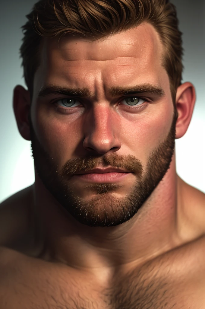 extreme close-up, close-up on face, solo, male, 24yo strongman, beefy, (hairy, hirsute),  romantic, handsome, (sharp focus, soft lighting, film photography, photorealistic, hyperreal),