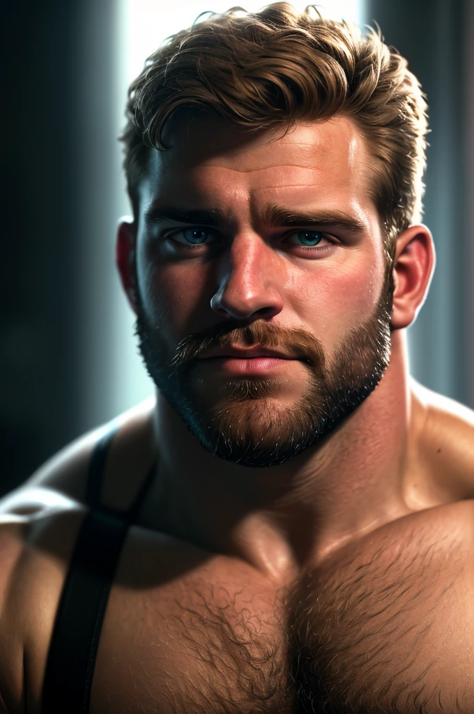 extreme close-up, close-up on face, solo, male, 24yo strongman, beefy, (hairy, hirsute),  romantic, handsome, (sharp focus, soft lighting, film photography, photorealistic, hyperreal),