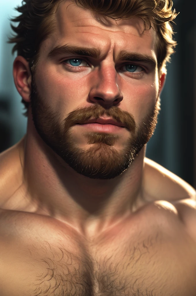 extreme close-up, close-up on face, solo, male, 24yo strongman, beefy, (hairy, hirsute),  romantic, handsome, (sharp focus, soft lighting, film photography, photorealistic, hyperreal),