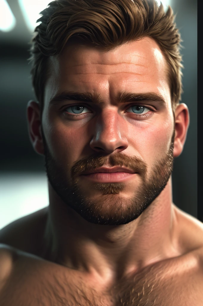 extreme close-up, close-up on face, solo, male, 24yo strongman, beefy, (hairy, hirsute), romantic, handsome, (sharp focus, soft lighting, film photography, photorealistic, hyperreal),