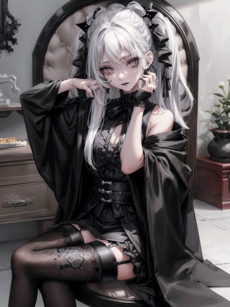 Masterpiece, best quality, high quality, ultra detailed, 1girl, looking at viewer, white hair, gray eyes, black lipstick, black shirt, sitting on a white floor, demon girl, gothcore, 1 7 - year - old, goth girl, japanese gothic, gothic punk style, black metal style, hands on head