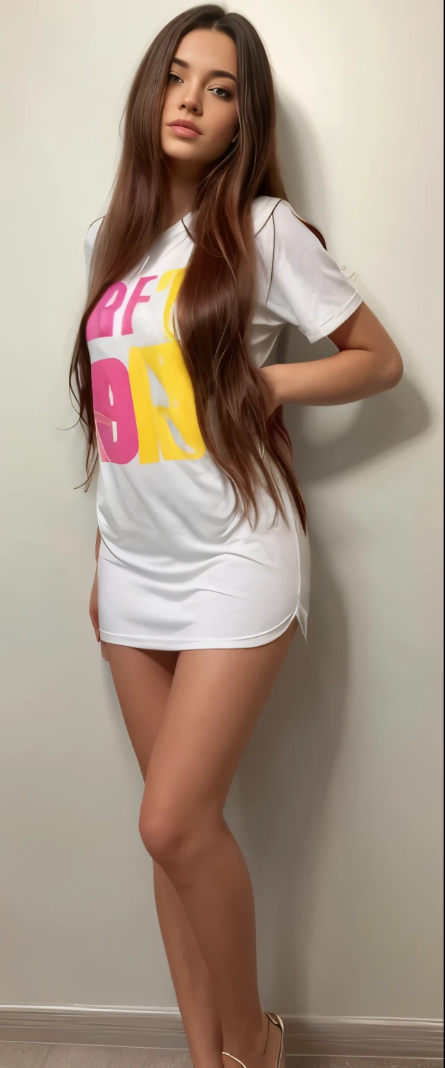 a closeup of a woman standing in a room with a white wall, ambiente de los 90, ambiente de los 90, estilo de los 90, estilo y2k, estilo y2k, estampado vintage de los 90, 90s vintage print, graphic t-shirts, vestido con una camiseta blanca, estilo 8 0, 2 4 year old female model