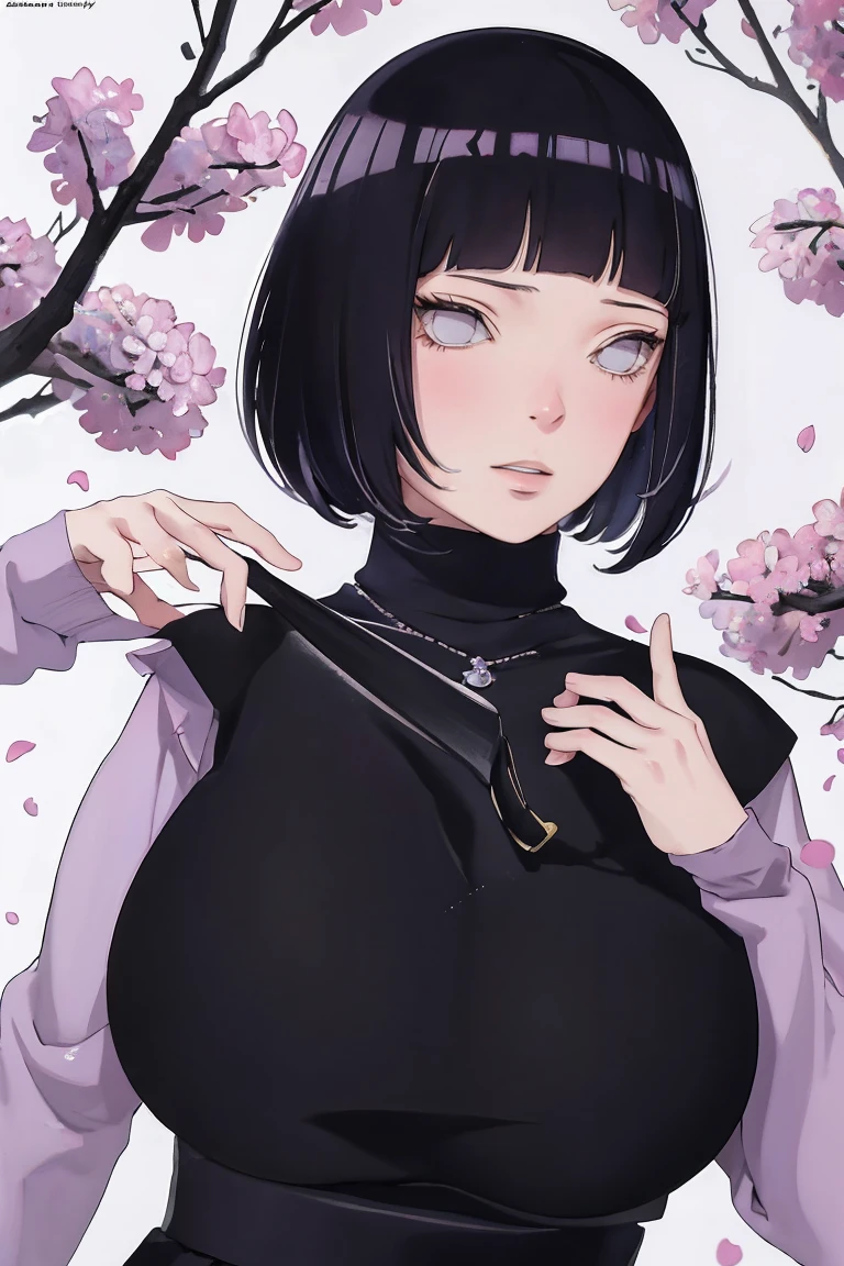 { - anatomy error} (Masterpiece - Ultra-detailed, very high resolution) (huge titusty, masterpiece, absurdres, hinata\(boruto\), 1girl, solo,mature female, lilac turtleneck blouse, black pant, looking at viewelling petals), perfect composition, detailed lips, big breast, beautiful face, body propotion, blush, (pink lips), short hair, (black hair), purple eyes, soft gaze, super realistic, detailed, photoshoot, realistic face and body, closed mouth , lilac eyes, upper body, hidden hands, perfect fingers, inocent face, portrait, , writing, reading, dynamic poses