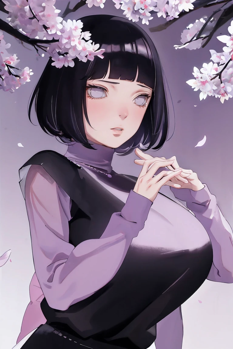 { - anatomy error} (Masterpiece - Ultra-detailed, very high resolution) (huge titusty, masterpiece, absurdres, hinata\(boruto\), 1girl, solo,mature female, lilac turtleneck blouse, black pant, looking at viewelling petals), perfect composition, detailed lips, big breast, beautiful face, body propotion, blush, (pink lips), short hair, (black hair), purple eyes, soft gaze, super realistic, detailed, photoshoot, realistic face and body, closed mouth , lilac eyes, upper body, hidden hands, perfect fingers, inocent face, portrait, , writing, reading, dynamic poses