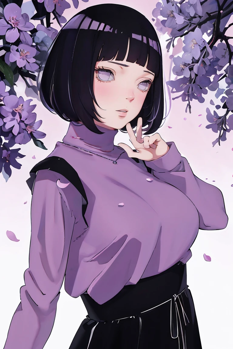 { - anatomy error} (Masterpiece - Ultra-detailed, very high resolution) (huge titusty, masterpiece, absurdres, hinata\(boruto\), 1girl, solo,mature female, lilac turtleneck blouse, black pant, looking at viewelling petals), perfect composition, detailed lips, big breast, beautiful face, body propotion, blush, (pink lips), short hair, (black hair), purple eyes, soft gaze, super realistic, detailed, photoshoot, realistic face and body, closed mouth , lilac eyes, upper body, hidden hands, perfect fingers, inocent face, portrait, , backwards, looking back, dynamic poses
